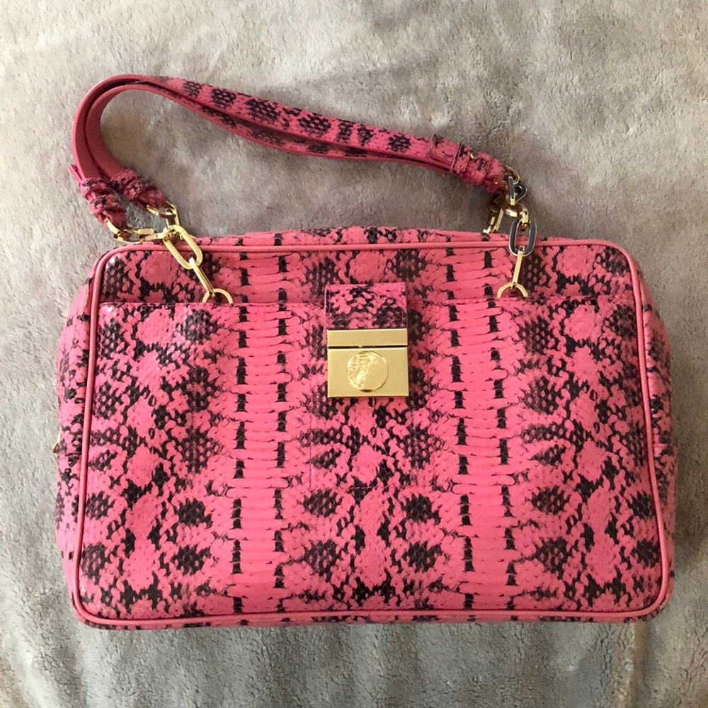 Versace Collection Pink and Black Snakeskin-Print Shoulder Bag with Gold Lock
